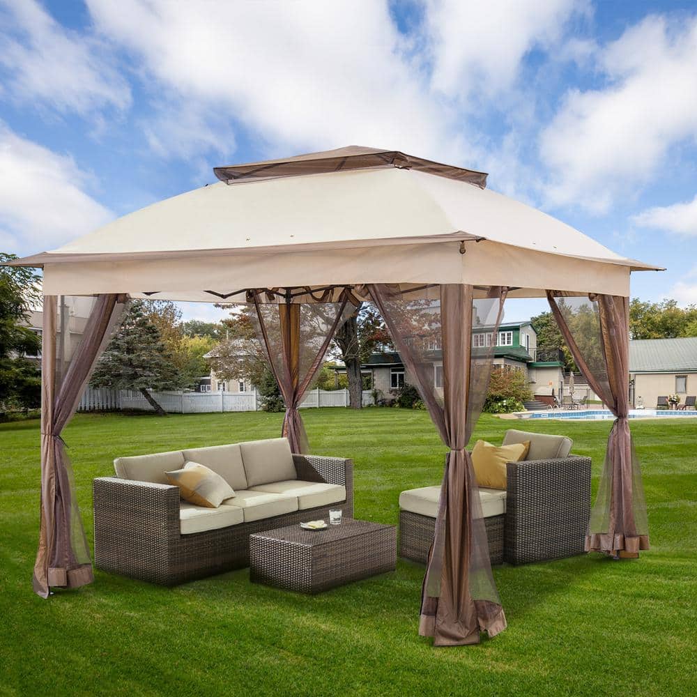 11 ft. x 11 ft. Beige Steel Pop-Up Gazebo with Mosquito Netting - Hercitys
