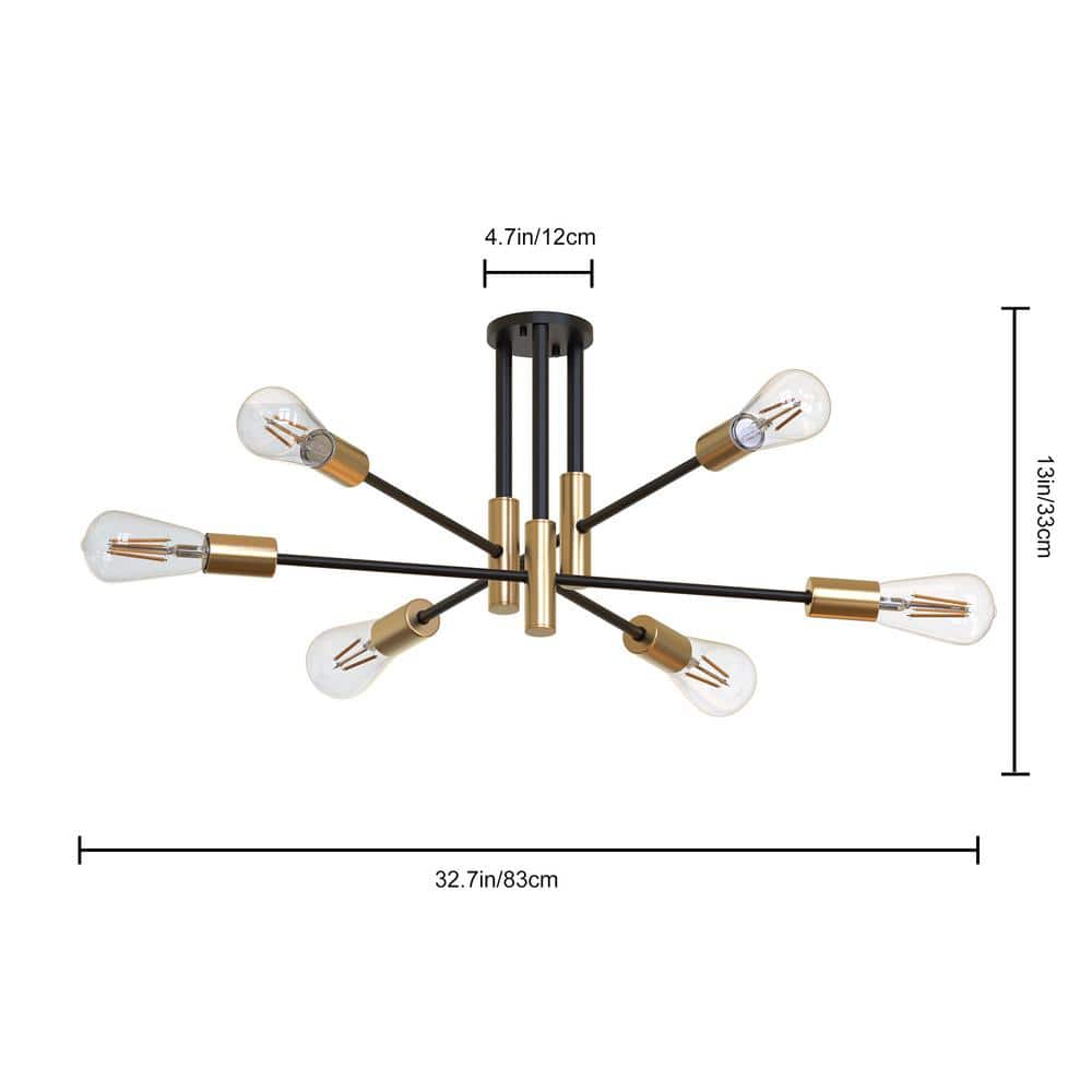 32.7 in. 6-Light Black Unique Modern Sputnik Semi-Flush Mount with Aged Brass Socket Cups - Hercitys