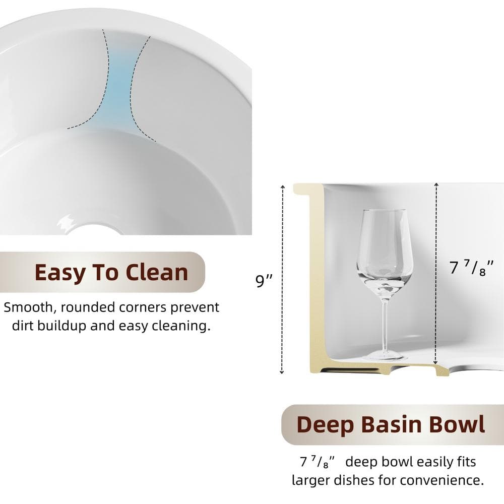 18 in. White Kitchen Sink Undermount, Compact Round Single Bowl Fireclay Basin, Includes Grid and Drain Strainer - Hercitys
