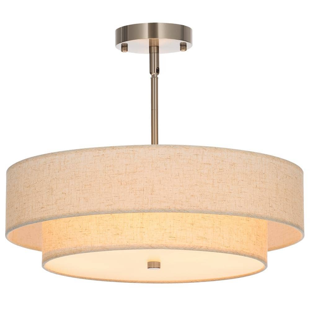 18 in. 4-Light Brushed Nickel Semi-Flush Mount Ceiling Light Fixture Drum Pendant Light with 2-Layer Fabric Shade - Hercitys