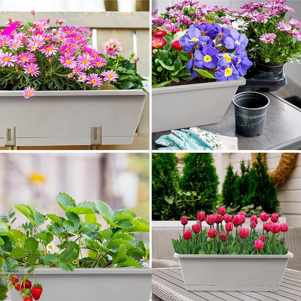 17 in. Plastic Window Box Planter Flower Window Boxes, Rectangle Planters Box with Drainage Holes and Trays (8-Pieces) - Hercitys