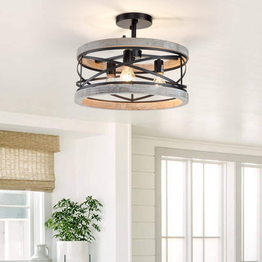 17.25 in. 3-Light Black Semi-Flush Mount with Wood Accent - Hercitys