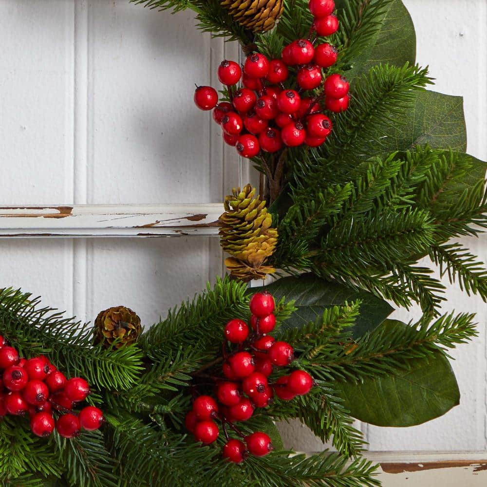 24in. Artificial Unlit Artificial Holiday Wreath with Magnolia Leaf, Berry and Pine - Hercitys