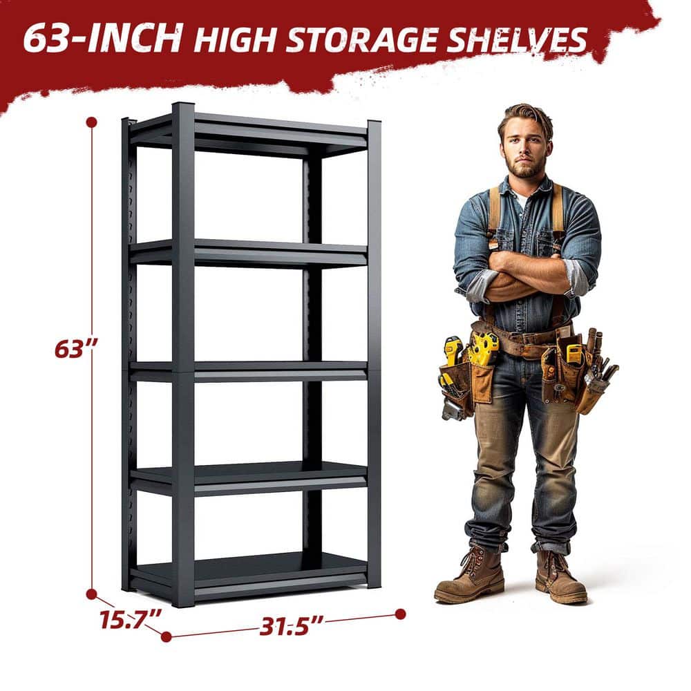 5-Tiers Steel Heavy Duty Adjustable Boltless Design Shelving Unit in Black (31.5 in. W x 63 in. H x 15.7 in. D) - Hercitys