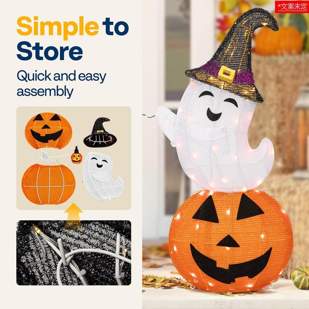 2.5 ft. Height LED Lighted Halloween Collapsible Metal Ghost on Pumpkin with Projection Effect - Hercitys