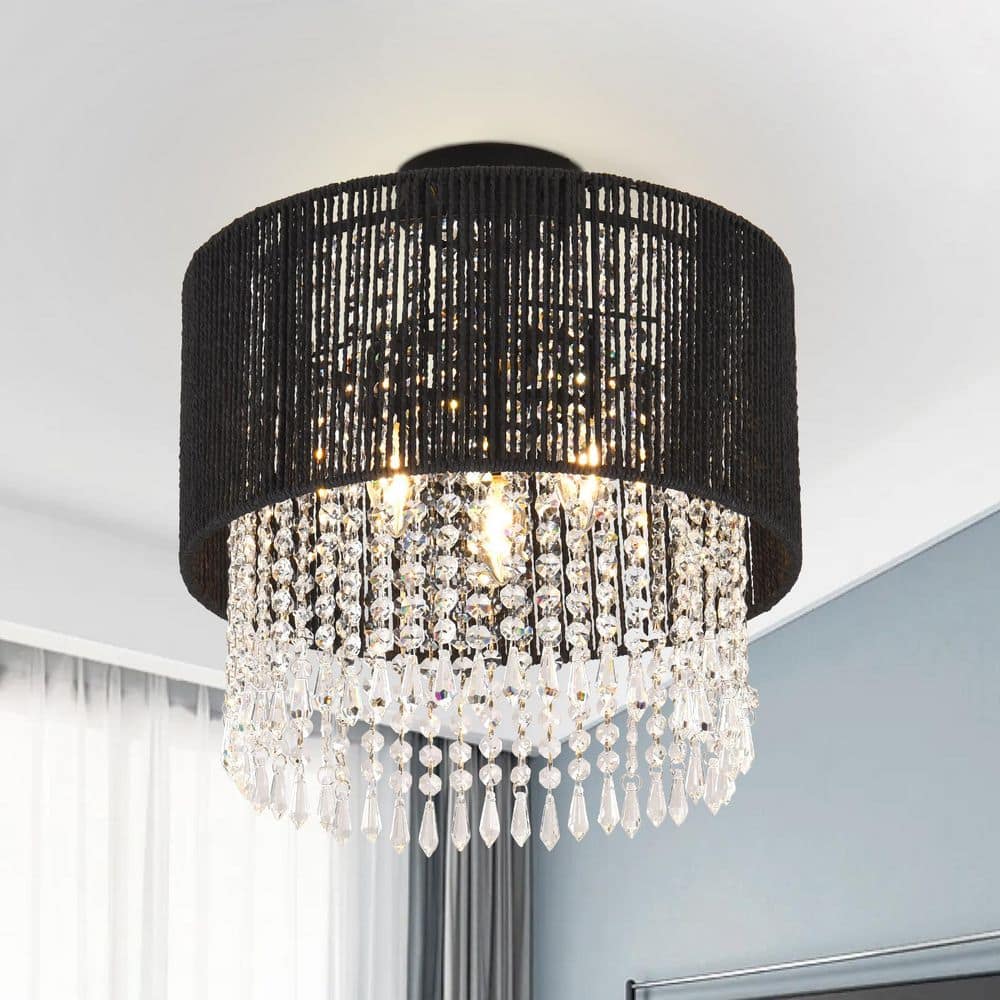 14.97 in. 3-Light Semi-Flush Mount with Rattan Shade and No Bulbs Included - Hercitys