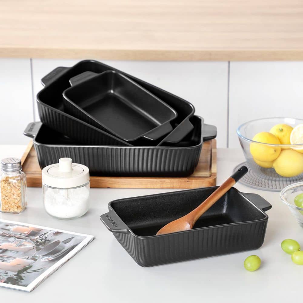 4-Piece Black Rectangular Stoneware Baking Dish Set with Handles Casserole and Lasagna Pan Bakeware - Hercitys