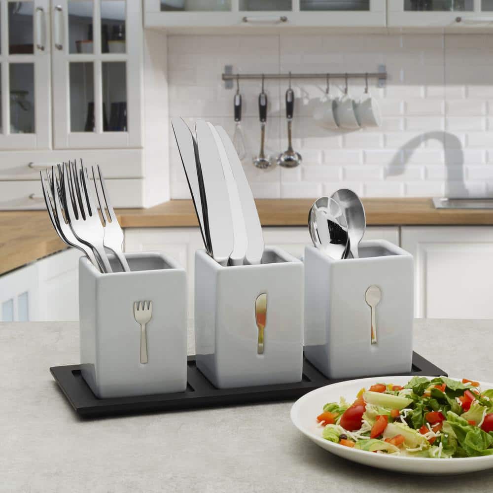 3-pc Ceramic Countertop Flatware Caddy on Wood - Hercitys