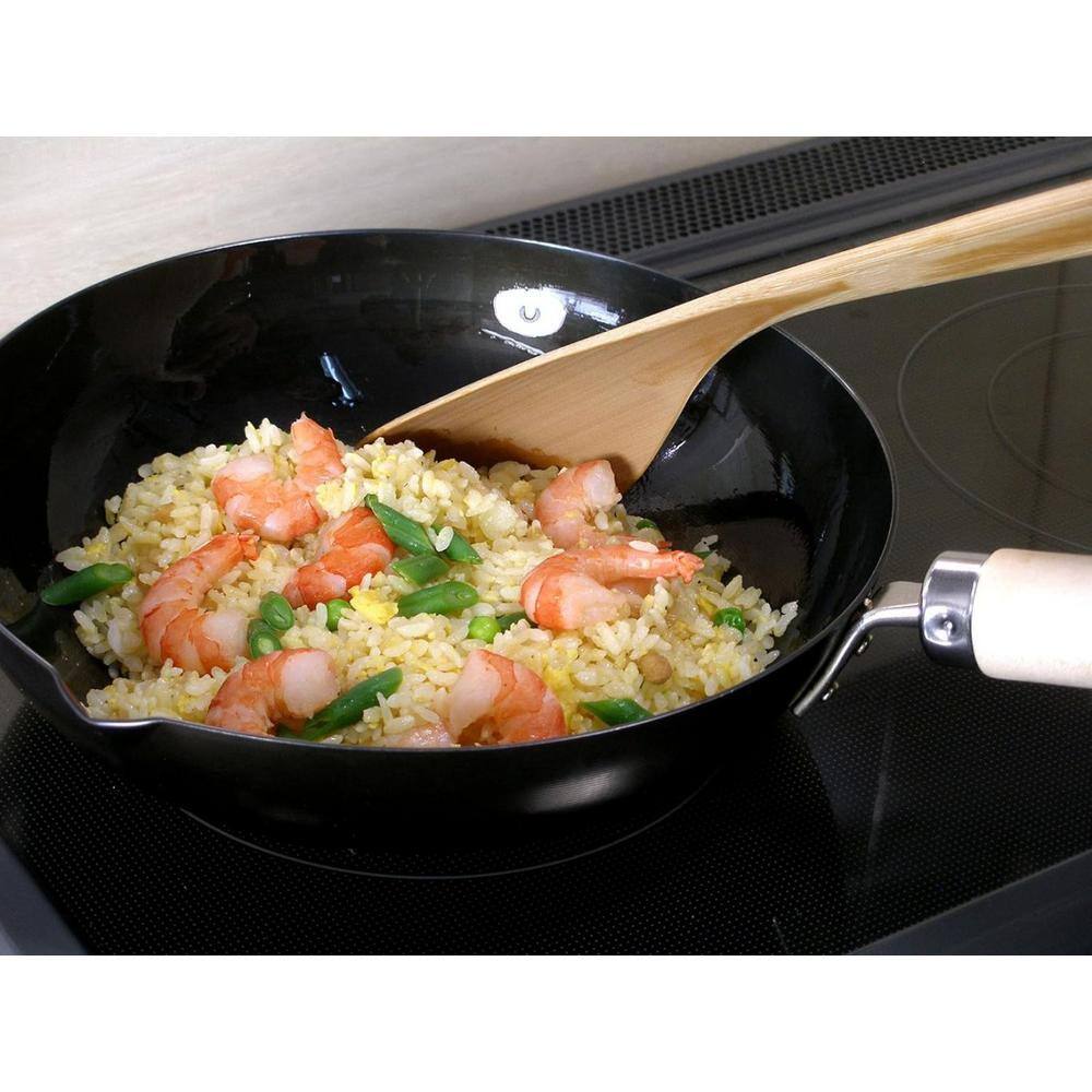 5.7 in. D x 10.2 in. Induction Compatible Iron Wok Frying Pan, Nitride Treated, Wood Handle - Hercitys