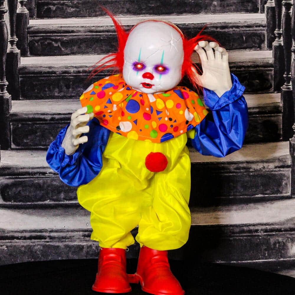 24 in. Battery Operated Animatronic Clown with Red LED Eyes Halloween Prop - Hercitys