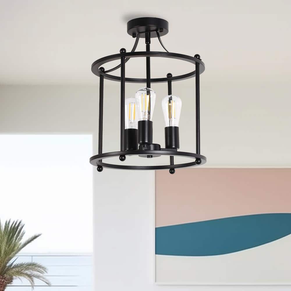 3-Light 13 in. Black Cage Semi-Flush Mount Ceiling Light, Vintage Farmhouse Fixture for Dining Room and Hallway - Hercitys