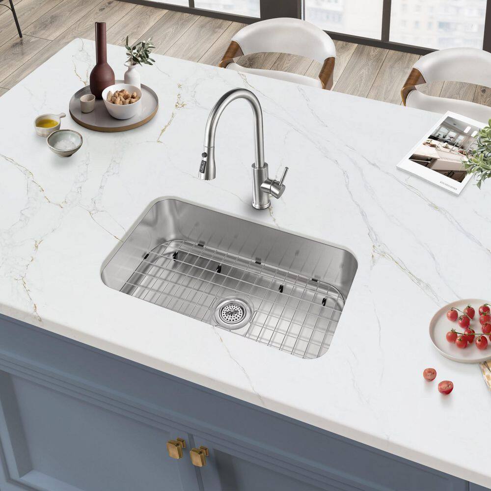 32 in. Single Bowl 18-Gauge Stainless Steel Undermount Kitchen Sink with Bottom Grid - Hercitys