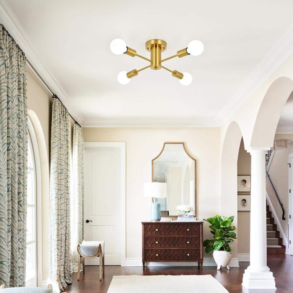 17.5 in. 4-Light Gold Sputnik Semi- Flush Mount For Foyer Bedroom with No Bulbs Included - Hercitys