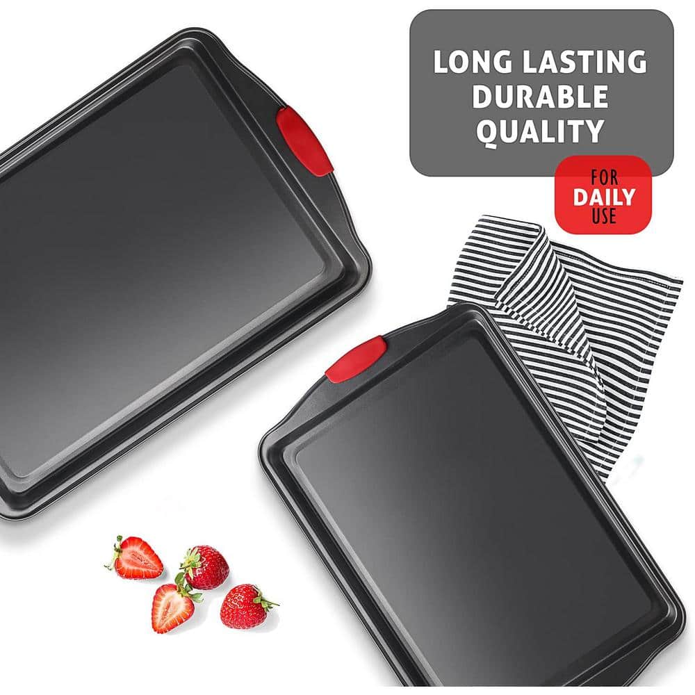 2-Piece Black Steel Nonstick Large Baking Cookie Sheet Set w/Silicone Handles - Hercitys
