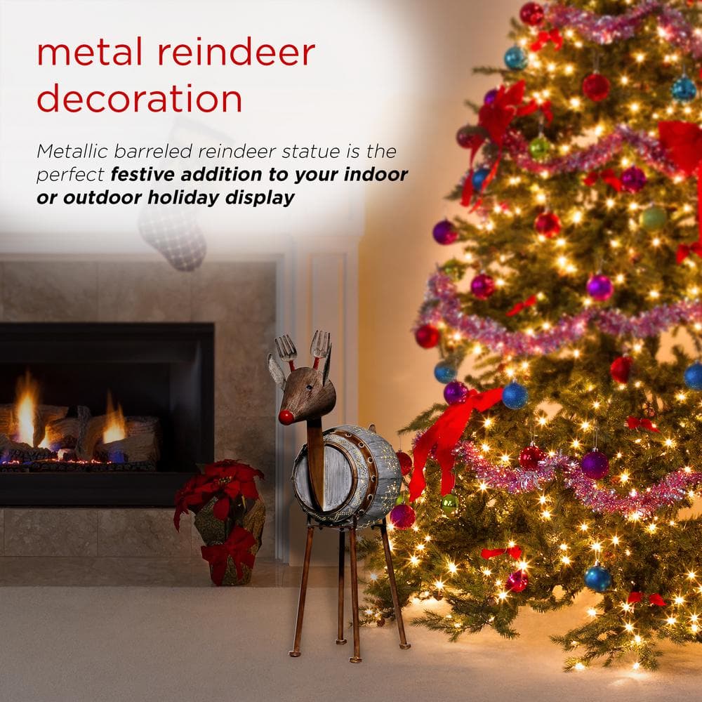 33 in. Tall Weathered Barrel Reindeer With Warm White LED Lights - Hercitys