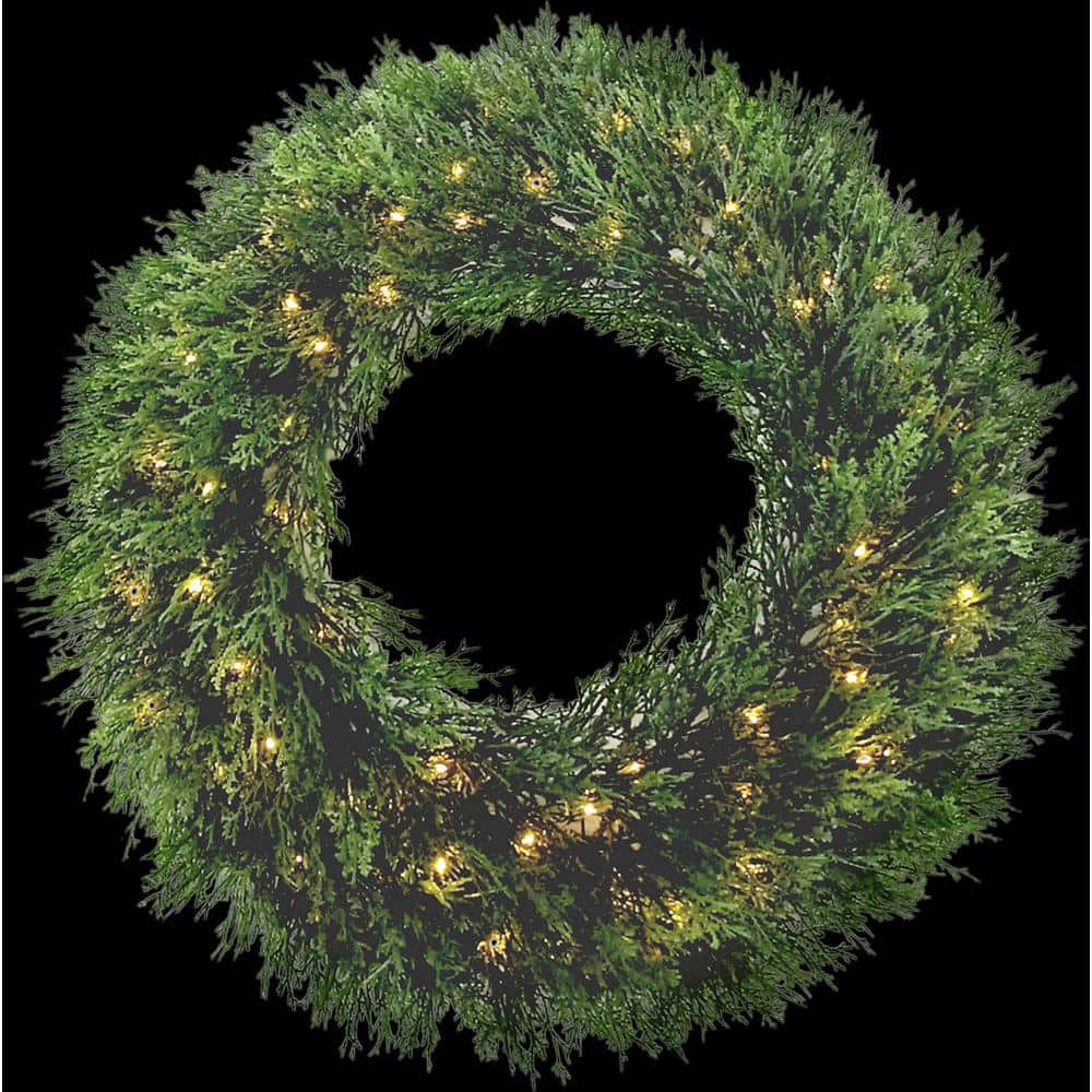 24 in. Dia. Wreath Cedar 70 LED Warm White Lights Battery Operation - Hercitys