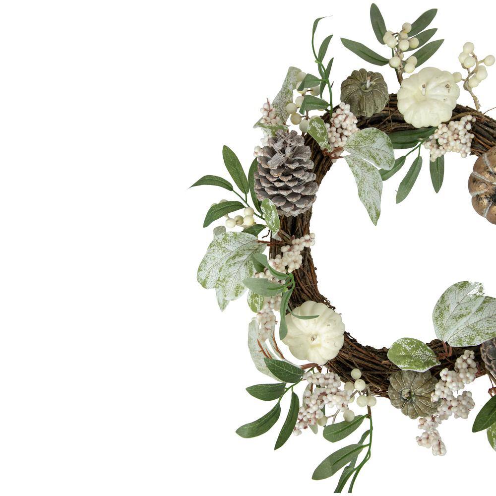 20 in. Unlit Pumpkin and Berries with Pinecones Artificial Fall Harvest Twig Wreath - Hercitys
