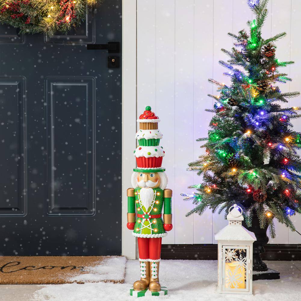 28 in. H Lighted Resin Christmas Nutcracker with Cupcake Hat Porch Decor with Timer - Hercitys