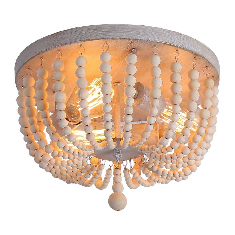 3-Light Boho Farmhouse Drum Flush Mount Ceiling Light Fixture Wood Beaded Chandelier for Hallway Baby’s Nursery Bedroom - Hercitys