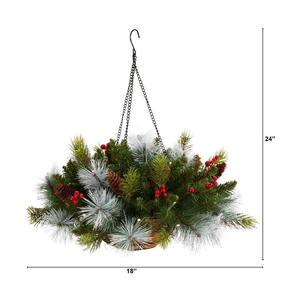 24 in. Pre-Lit Indoor/Outdoor Artificial Christmas Pre-Lit Pine and Berries Hanging Basket, 30 LED Lights - Hercitys