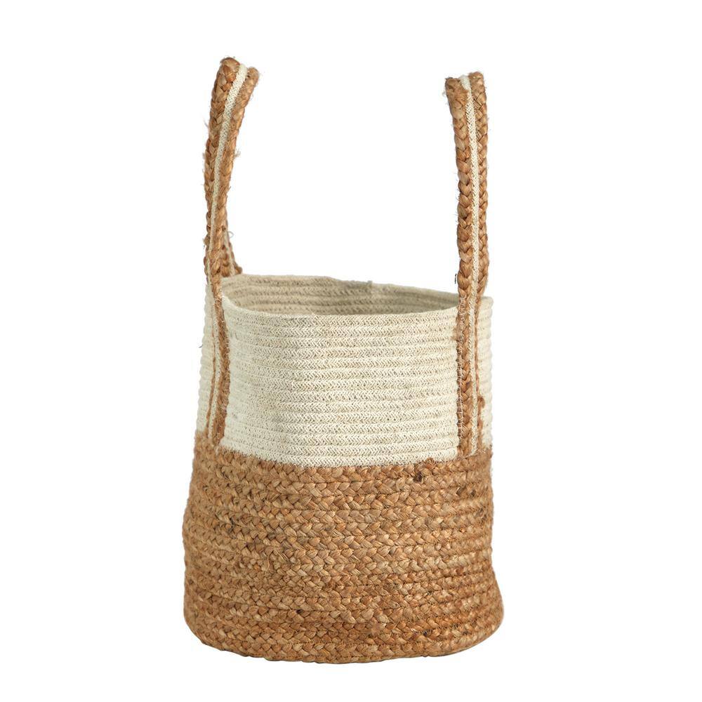 14 in. Beige Jute and Natural Cotton Boho Chic Basket Planter with Handles - Hercitys
