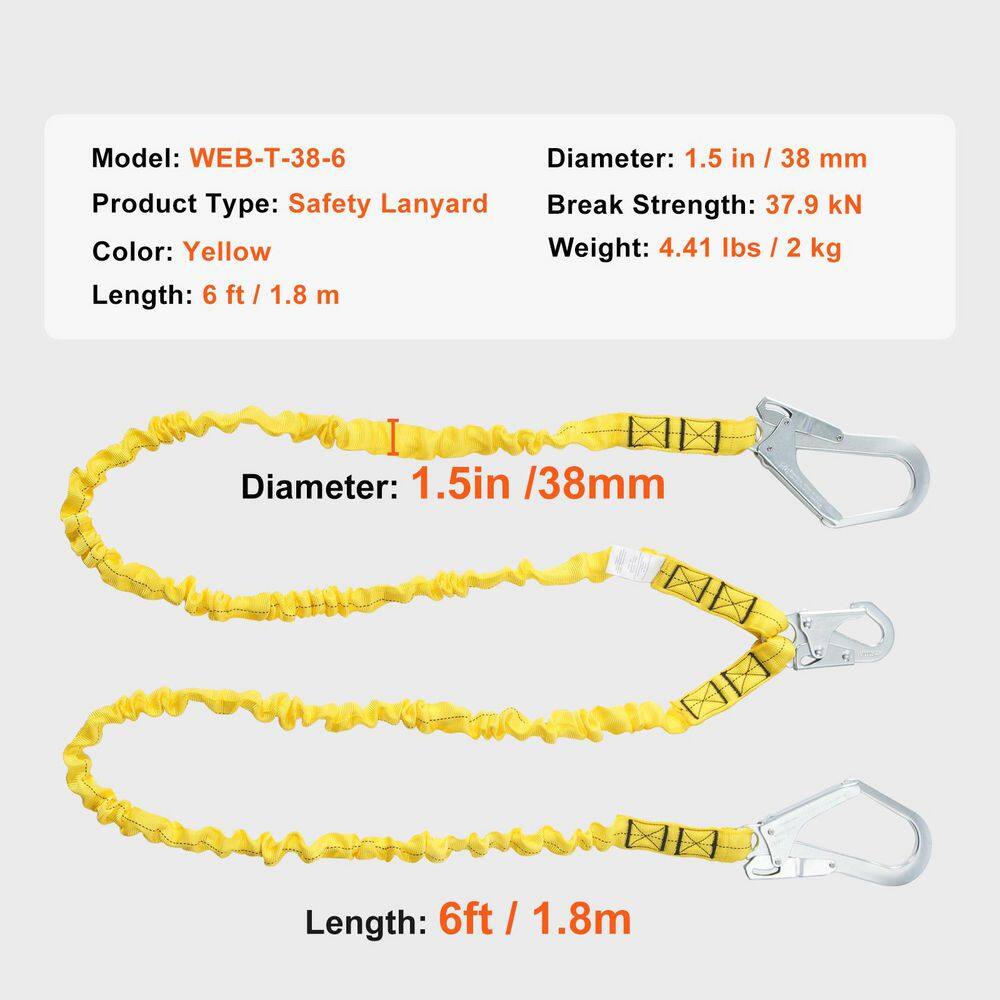 38 mm Safety Lanyard, 6 ft., 1.83 m, Fall Protection Lanyard with 2 Alloy Steel Snap Hooks, Retractable Safety Belt - Hercitys