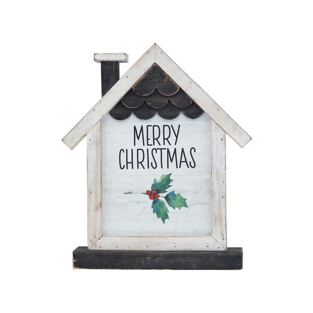 12.375 in. White Wood Merry Christmas House Shaped Tabletop Decor - Hercitys