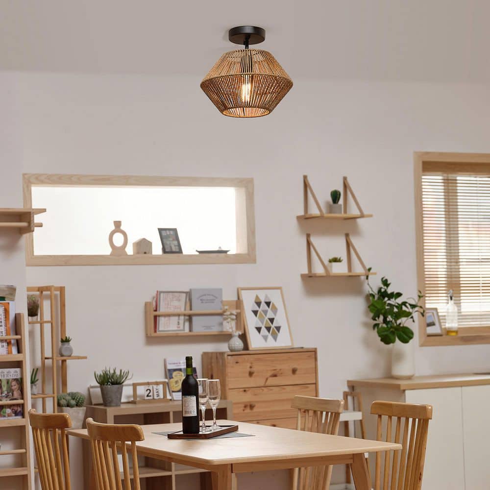 12 in. 1-Light Matte Black Flush Semi-Flush Mount Ceiling Light with Natural Twine Shade - Hercitys