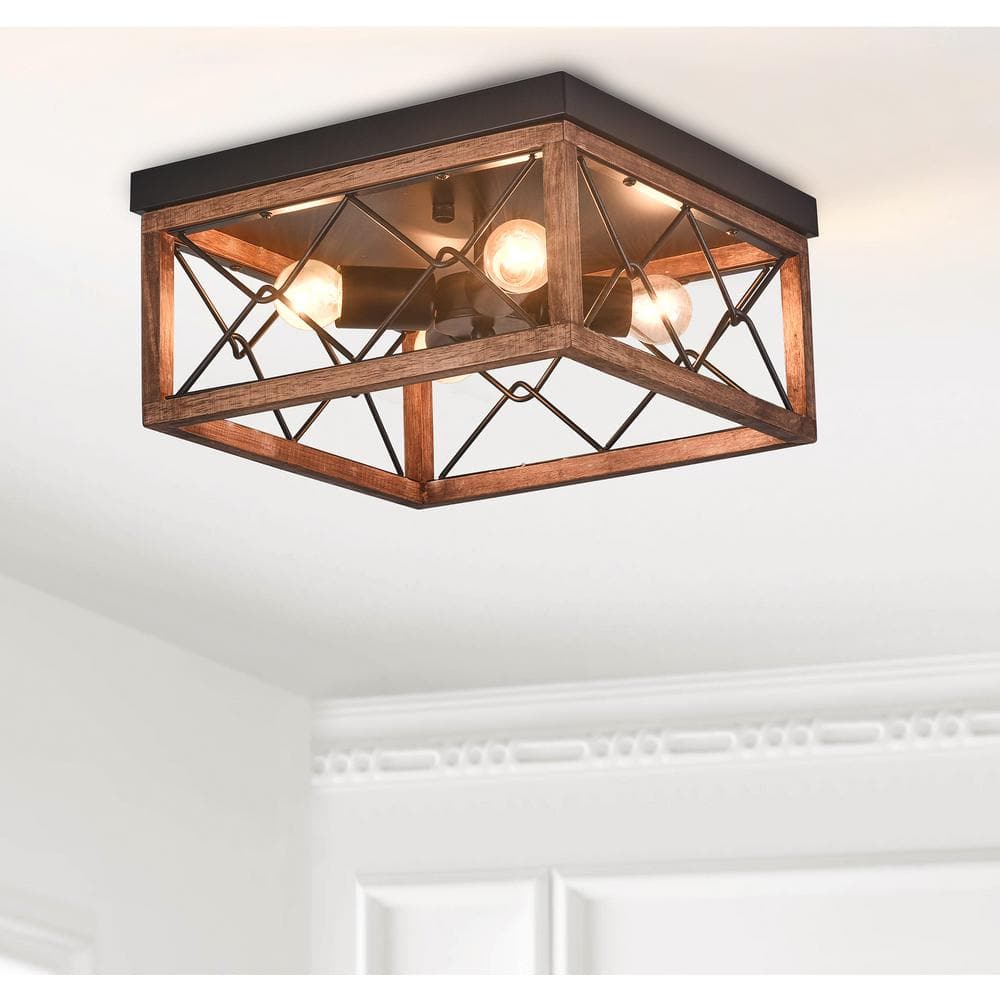 12.6 in. 4-Light Farmhouse Rustic Square Wooden Flush Mount Ceiling - Hercitys
