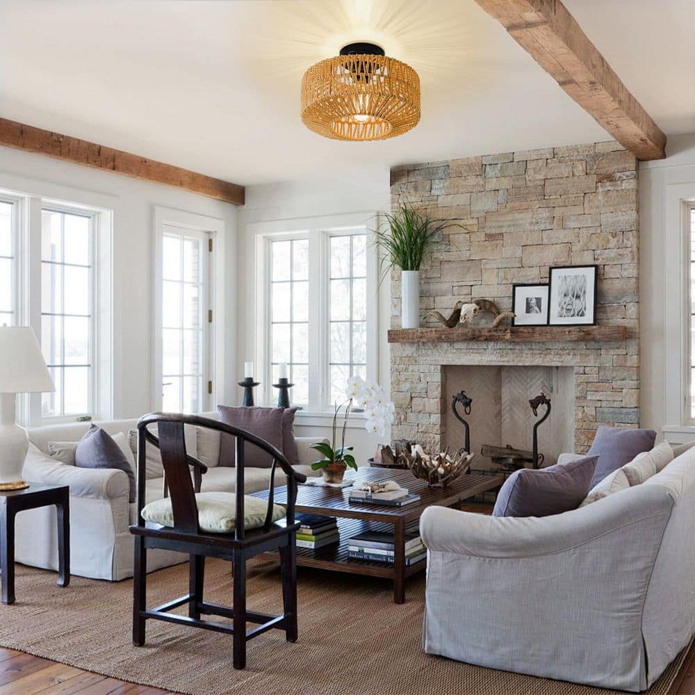 11.8 in. 1-Light Bohemian Natural Rattan Semi-Flush Mount Ceiling Light - Hercitys