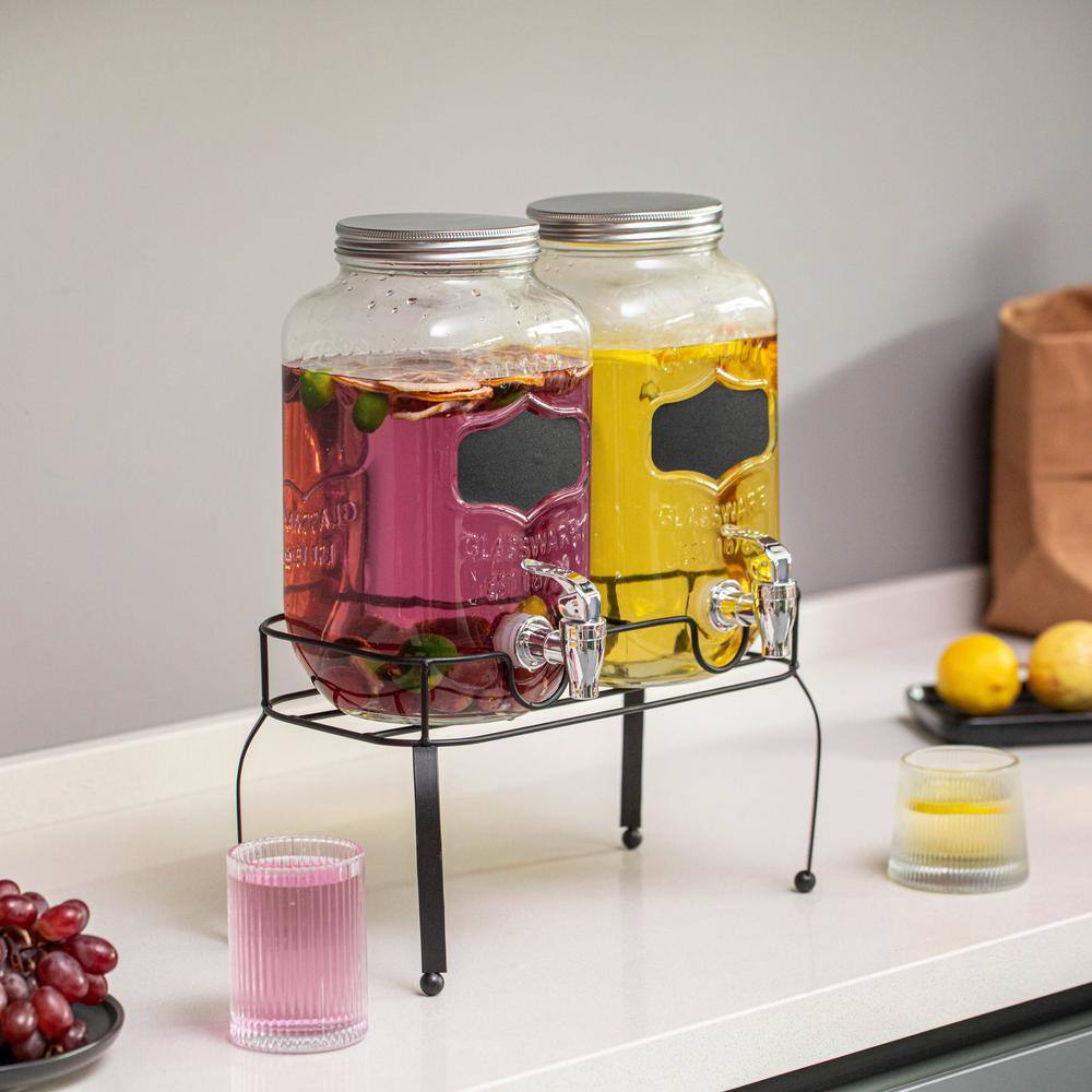 2-Pieces Glass Drink Dispenser Set with Metal Stand, Stainless Steel Spigots and Chalkboard Signs - Hercitys