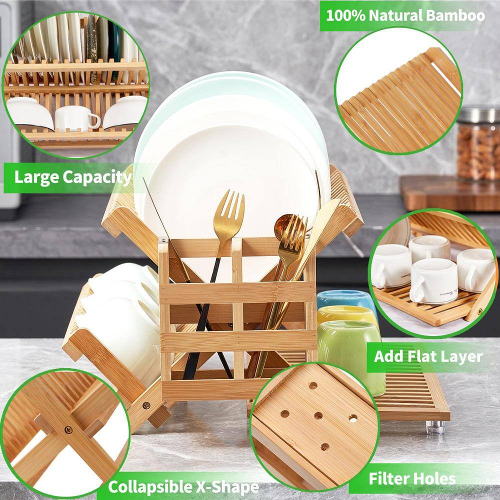 3-Tier Bamboo Collapsible Dish Rack, Dish Drying Rack with Utensil Holder for Kitchen Counter - Hercitys