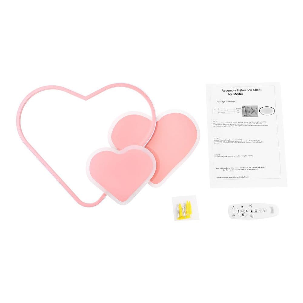 20.47 in. 1-Light Pink Modern Heart-Shaped Selectable LED Semi-Flush Mount Ceiling Light with Remote Control - Hercitys