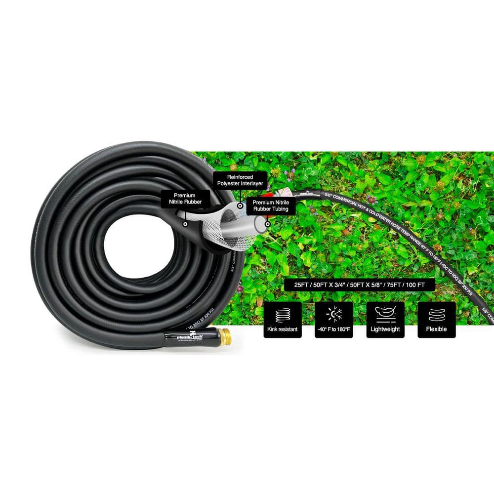 5/8 in. Dia. x 75 ft. Black Nitrile Rubber Commercial, Home and Garden, Multi-Purpose Hot/Cold Water Hose, BP 300 psi - Hercitys