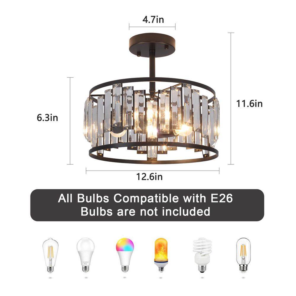 12.6 in. 3-Light Matte Black Semi Flush Mount Light with Clear Glass Shade - Hercitys