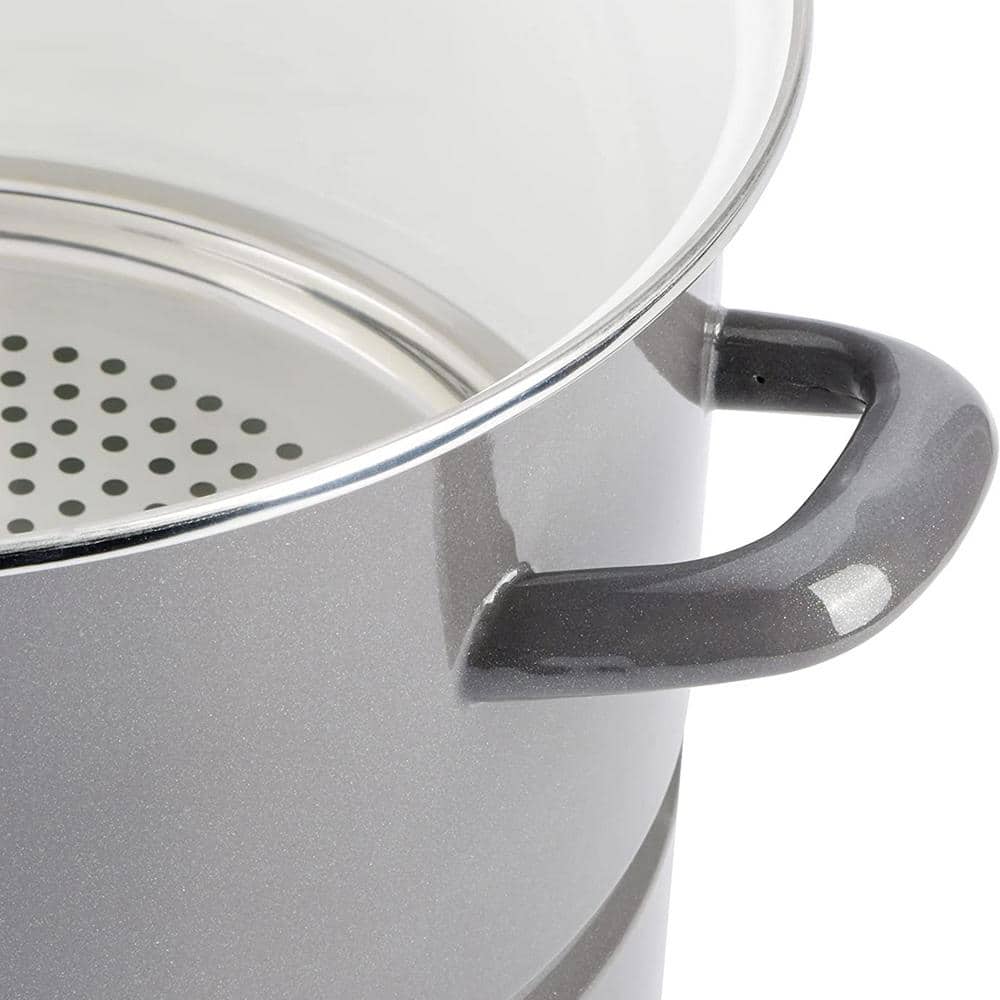 16 qt. Enamel On Steel Stock Pot With Steamer and Lid in Graphite Grey - Hercitys