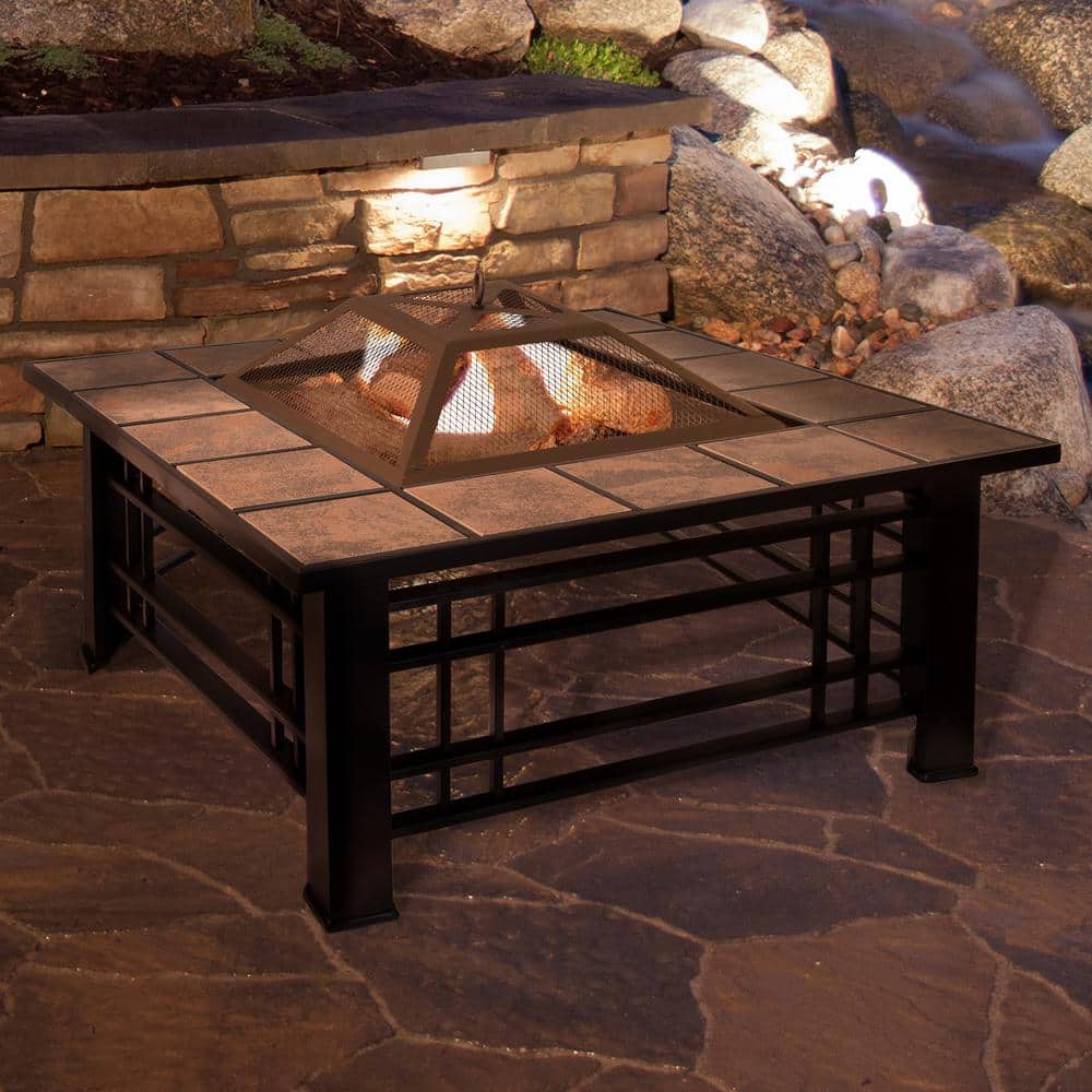 32 in. Steel Square Tile Fire Pit with Spark Screen and Poker - Hercitys