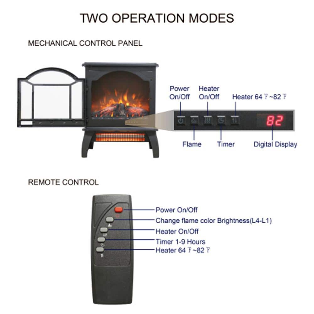 18 in. 400 sq. ft. 3D Flame Electric Infrared Quartz Fireplace Stove in Black with Remote Control - Hercitys