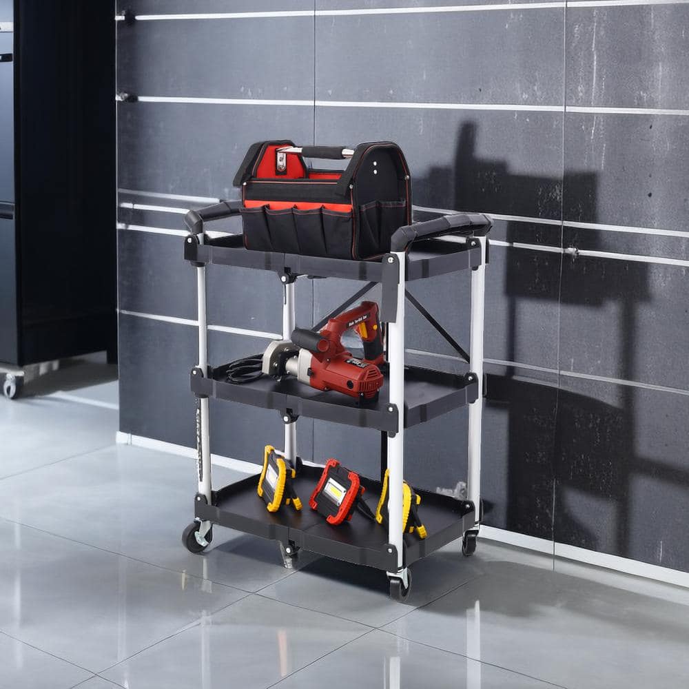 3-Layers Folding Collapsible Plastic Service Cart with Metal Frame, Black - Hercitys