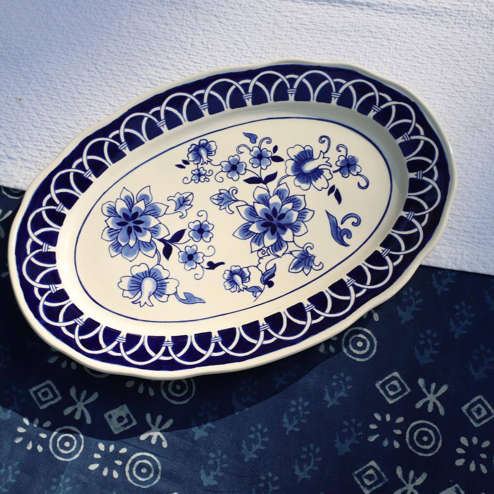 18 in. Blue Garden Stoneware Oval Serving Platter - Hercitys