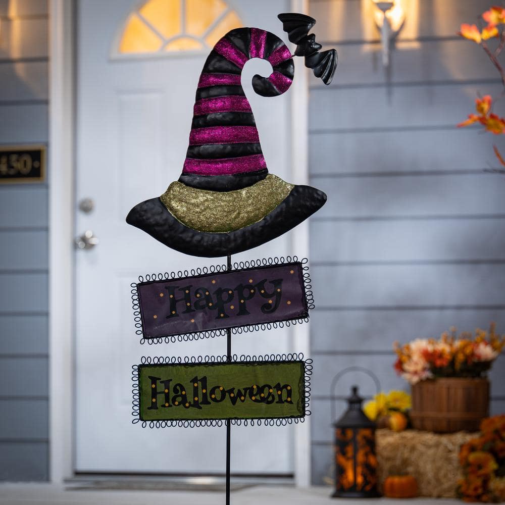 37 in. Metal Witch’s Hats with Halloween Signs Yard Stake (Set of 2) - Hercitys