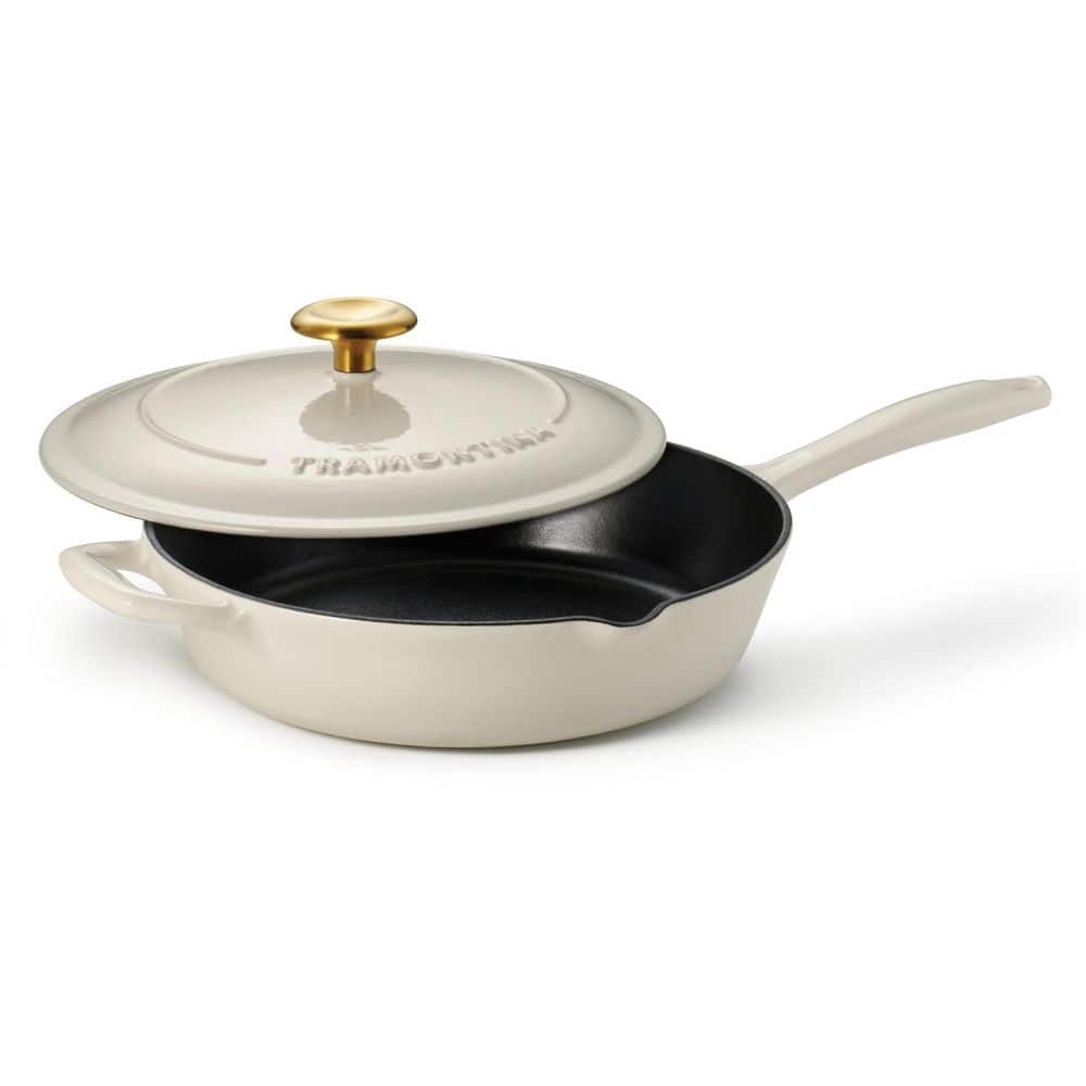 10 in. Enameled Covered Cast Iron Skillet With Lid-Latte with Gold Knob - Hercitys