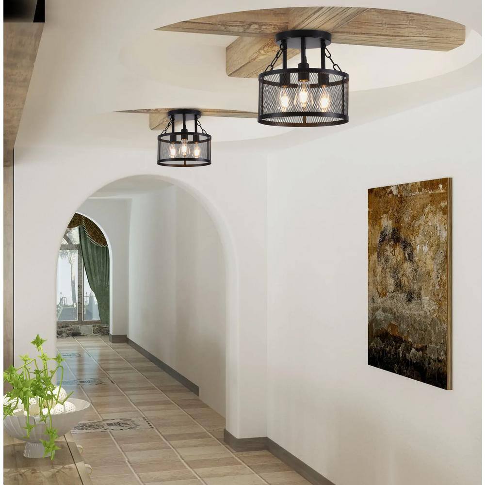 12.59 in. 3-Light Industrial Semi-Flush Mount Black Farmhouse Ceiling Light Fixtures with Metal Mesh Shade - Hercitys