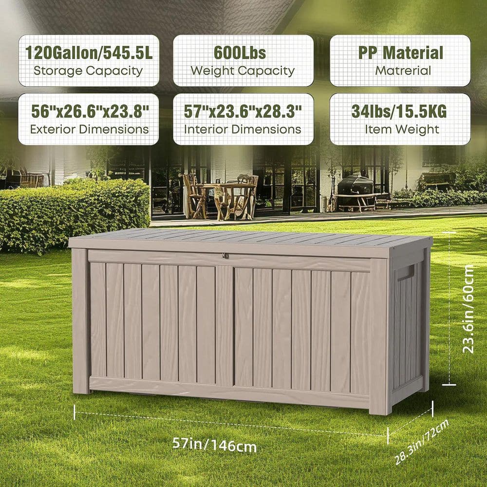 120 Gal. Large Plastic Outdoor Storage Deck Box in khaki - Hercitys