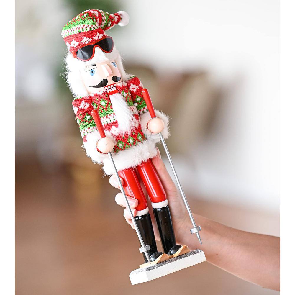 15 in. Wooden Christmas Skier Man Nutcracker -Red and Green Nutcracker Guy with Ugly Sweater and Skis in Skiing Pose - Hercitys