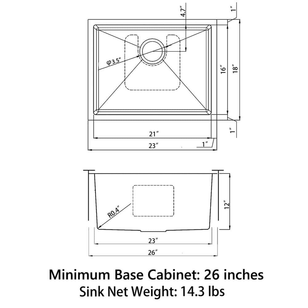 23 in. Undermount Single Bowl 18-Gauge 304 Stainless Steel 12 in. Deep Kitchen Sink - Hercitys