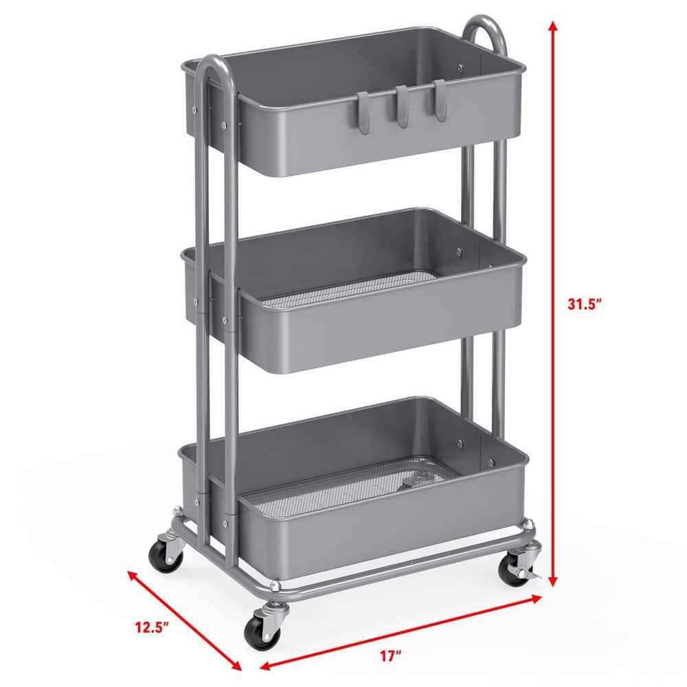 3-Tier Metal -Wheeled Utility Cart in Silver - Hercitys