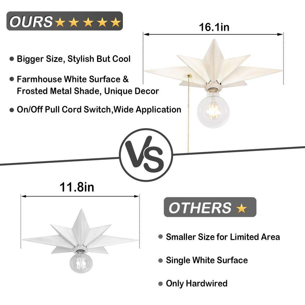 16 in. White LED Flush Mount Ceiling Star Light with Pull Chain, Farmhouse Lighting for Hallway Entryway Porch - Hercitys