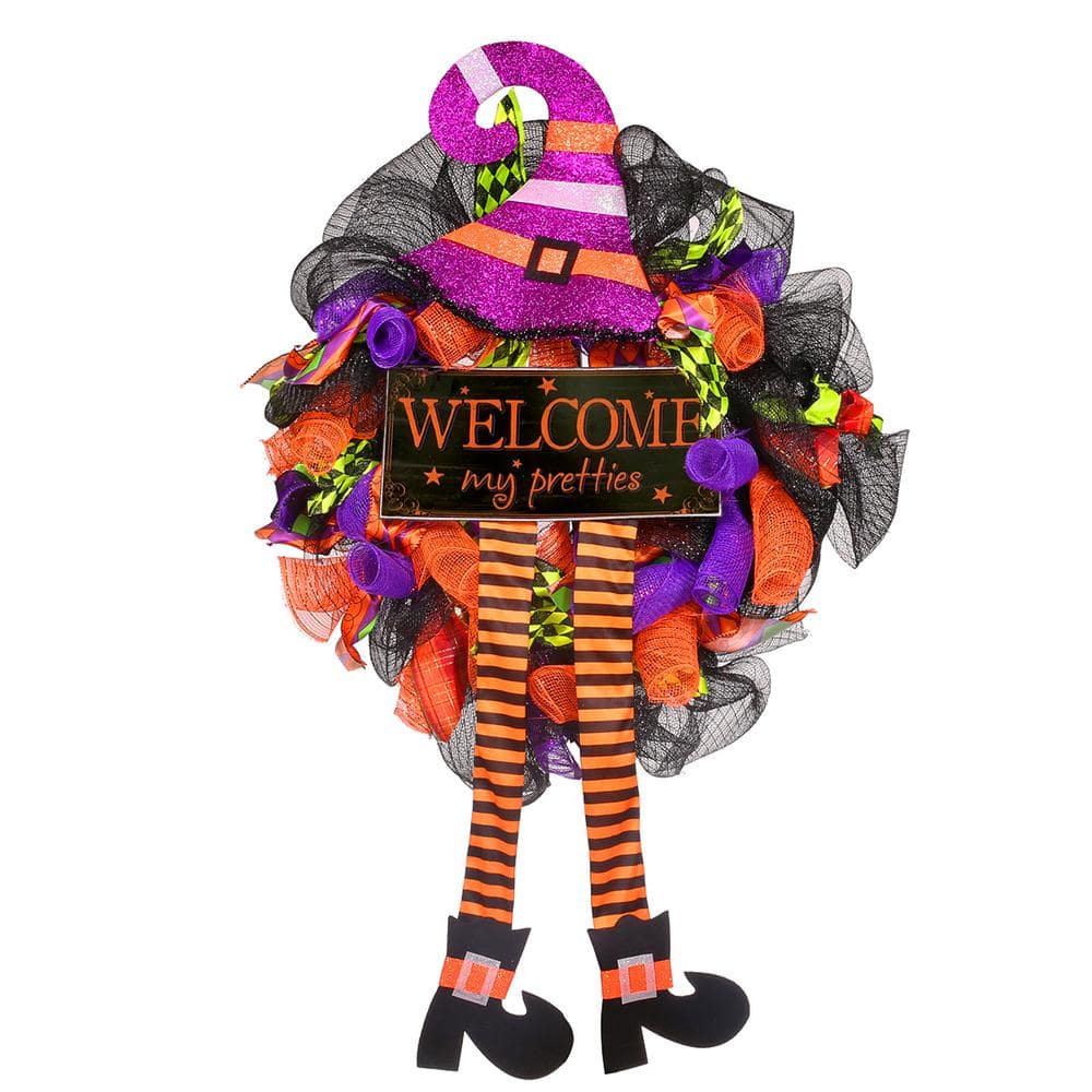 20 in. W x 4.5 in. D Halloween Wreaths Decoration Sign Hat Leg Front Door Hanging Fall Pumpkin Wreath - Hercitys