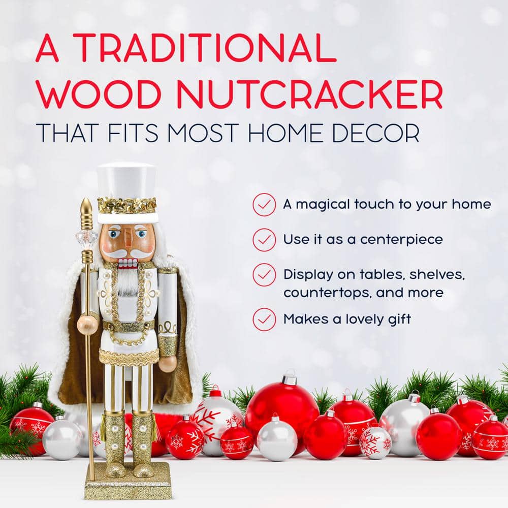 14 in. Wooden Christmas Gold King Nutcracker-Gold and White Glittered Nutcracker with Gold and White Fur Cape and Staff - Hercitys